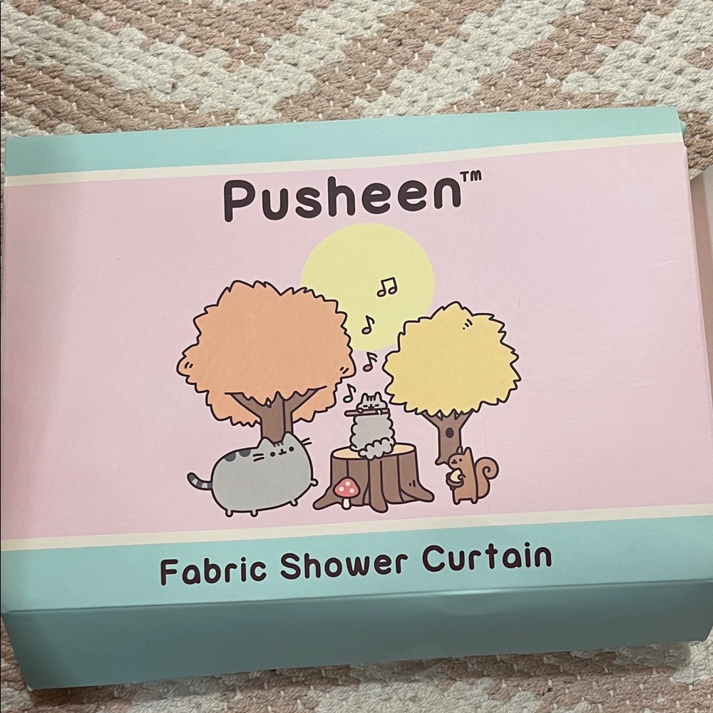 Pusheen Pastel Pink & Mint Fabric Shower Curtain with Woodland Scene